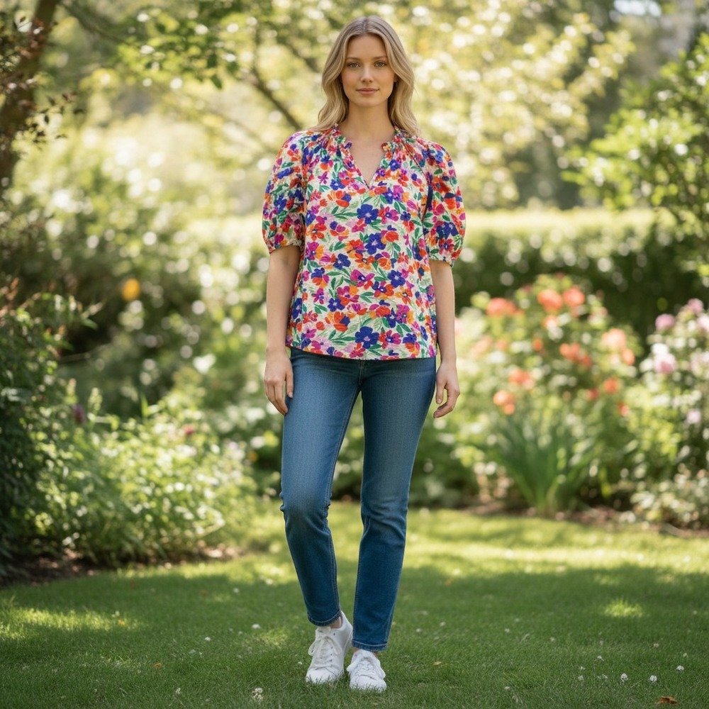 Les Amis Women's S Floral V-Neck Ruffle Blouse Spring Feminine Maximalist